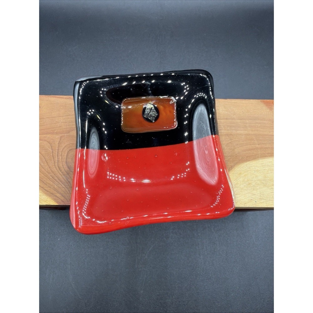 Fused Artisan Glass SquarePlate Trinket Dish Red Black With Orange Insert VTG